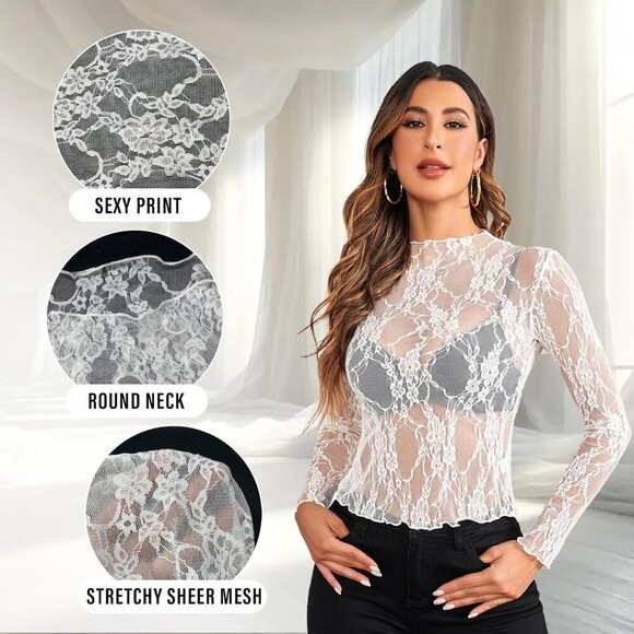 🆕Women White Lace Sheer Long Sleeve Top Sexy See Through Y2K Blouse Polyester - Picture 6 of 7